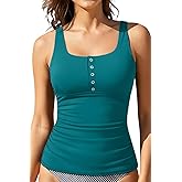 Yonique Women's Tankini Top Only Button Tummy Control Swim Tank Top Modest Bathing Suit Top No Bottom