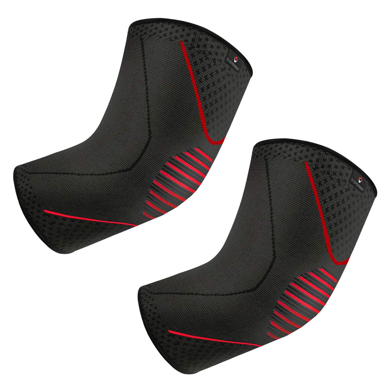 NV Compression Elbow Sleeve/Support (Single or Pair) Essential Race & Recover Premium Sleeve for Tennis and Golfer's Elbow, Weightlifting, Arthritis, Tendonitis, Workouts (Pair - Black/Red, Small)