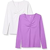 Amazon Essentials Women's Cinched V-Neck Long Sleeve Slim-Fit Rib-Knit T-Shirt, Pack of 2