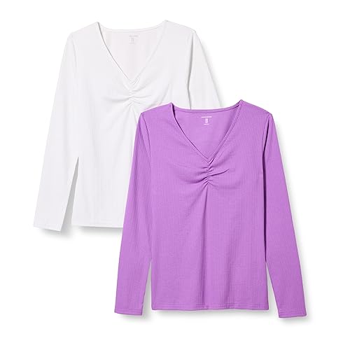 Amazon Essentials Women's Cinched V-Neck Long Sleeve Slim-Fit Rib-Knit T-Shirt, Pack of 2, Purple/White, X-Large