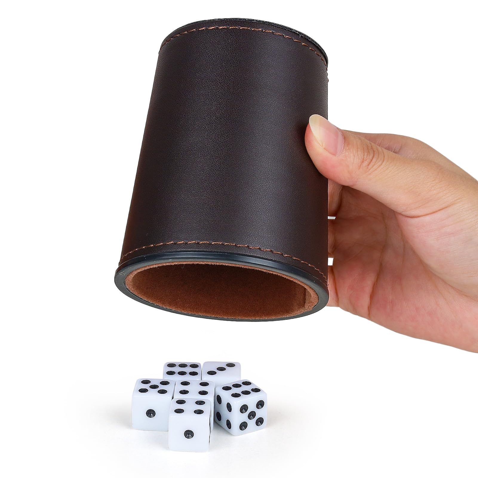 Felt-Lined PU Leather Dice Cup Set, 6 Quiet Dice Shaker Cups with 36 Dices for Bar Party Yahtzee Farkle Dice Games, Coffee