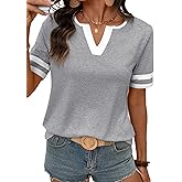 SHEWIN Women's Summer Tops V Neck Short Sleeve T-Shirts Colorblock Casual Tees 2026 Clothes