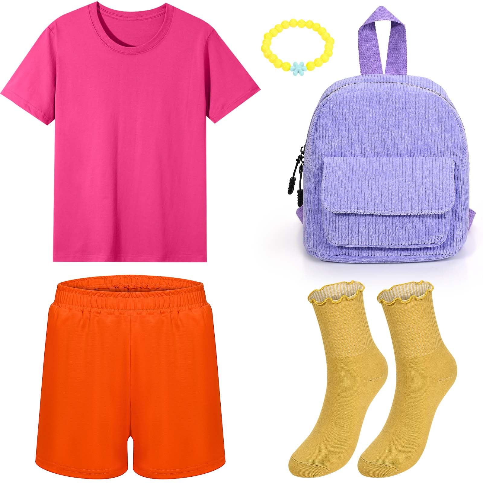 Photo 1 of 5Pack Halloween Cosplay Accessories Set Including Pink T-Shirt Orange Pants Yellow Socks Bracelet Backpack for Women Girls Halloween Cartoon Animated Traveler