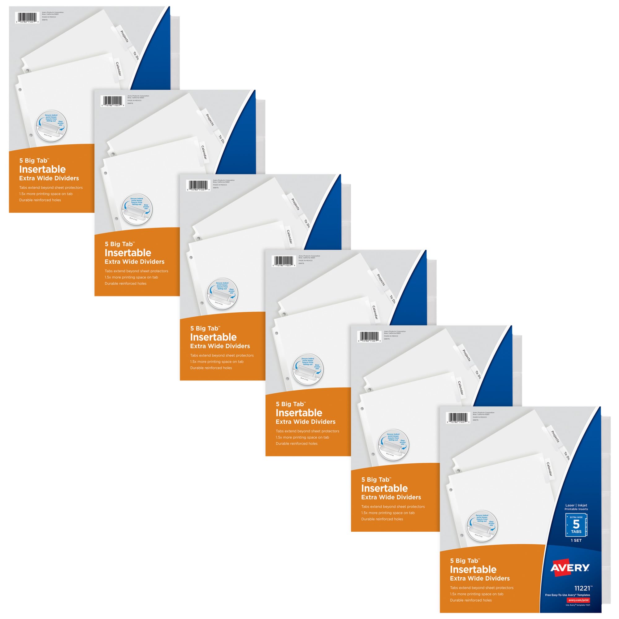 Avery Extra-Wide Big Tab Insertable Dividers for 3 Ring Binders, 5 Tab Sets, White Paper, Clear Tabs, Works with Sheet Protectors, 6 Sets (41121)