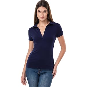 AmélieBoutik Women Collared V Neck Short Sleeve Casual Polo Shirt