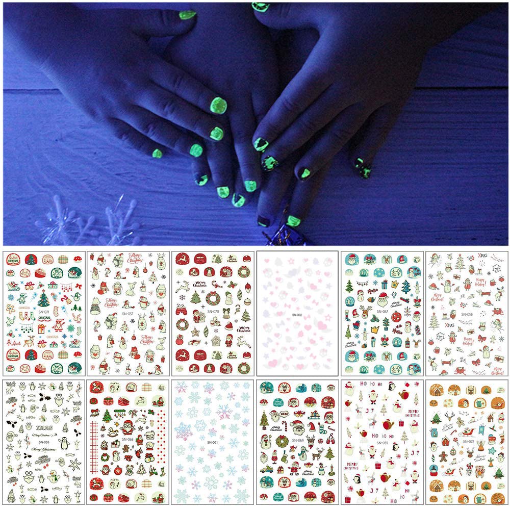 12 Sheets Fluorescent Christmas Nail Art Stickers Decal, EBANKU Self-Adhesive Snowflake Santa Snowman Nail Stickers Reindeer Xmas Tree Nail Art Decals for Kids Girls DIY Christmas Manicure
