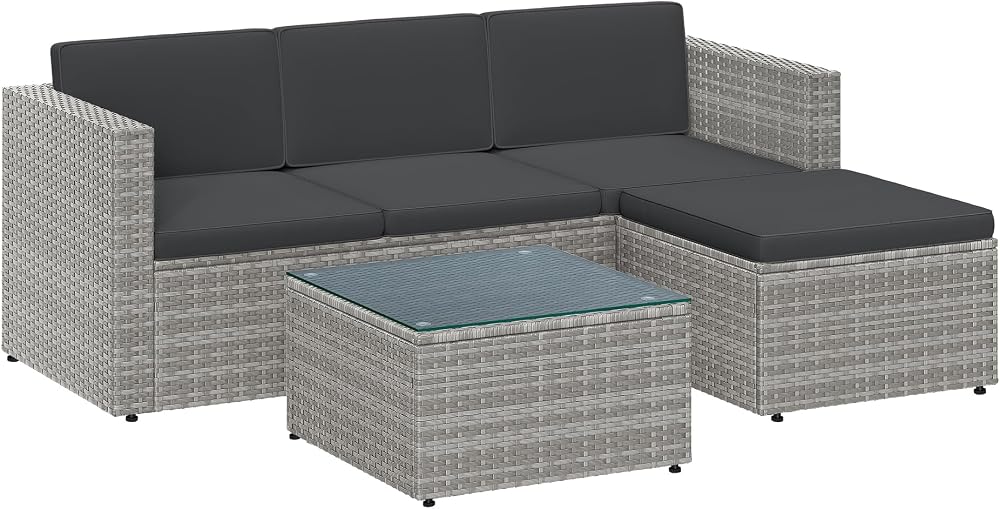 SONGMICS Garden Furniture Set PE Rattan Patio Corner Sofa with Cushions Grey