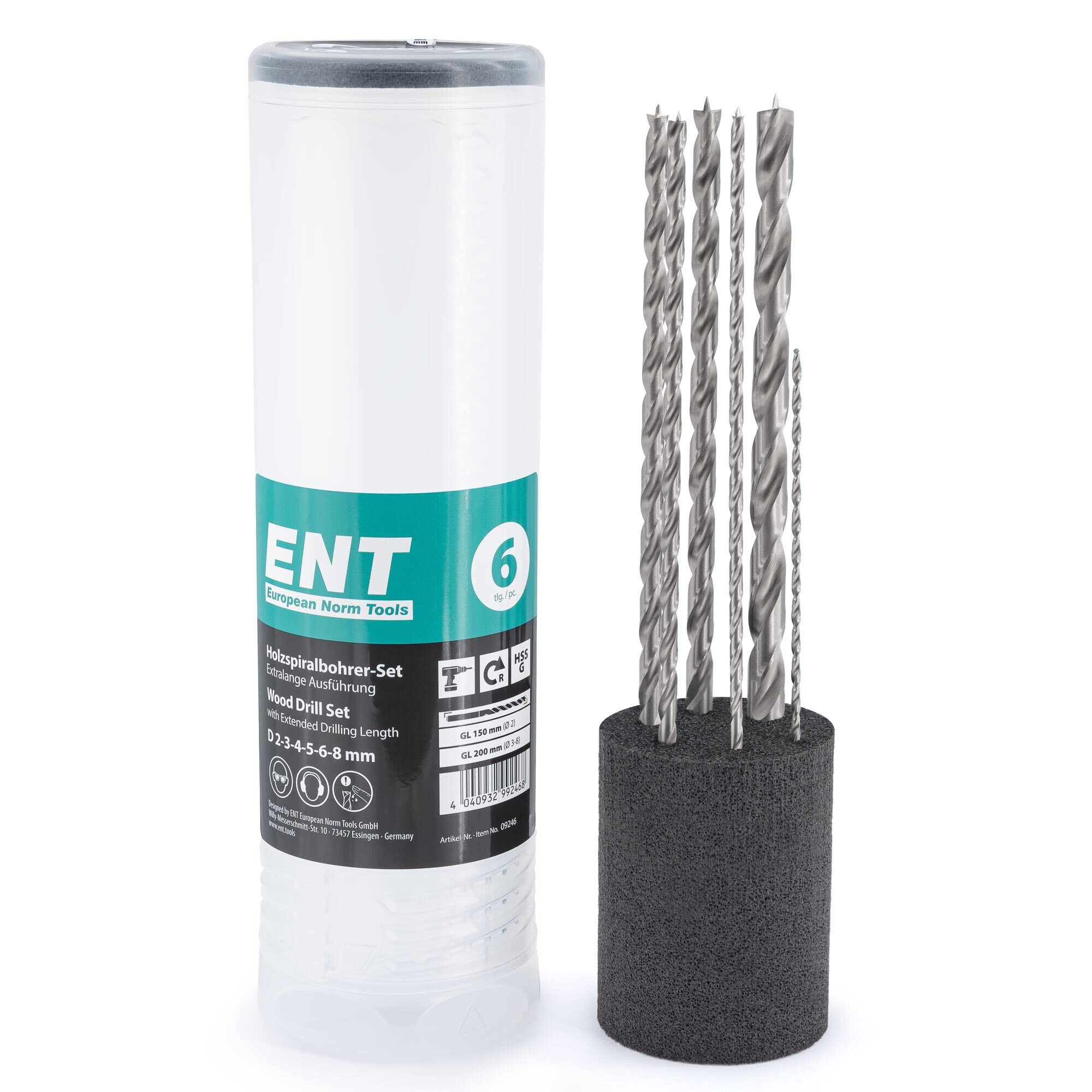 ENT 09246 6-piece wood drill bit set Ø 2, 3, 4, 5, 6 and 8 mm, extra long 150/200 mm, NL 100 mm, wood twist drill bits ground in HSS, for hardwood and softwood, suitable for cordless drills