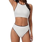 SUUKSESS Women High Waisted Bikini Sets High Neck Sporty Two Piece Swimsuits