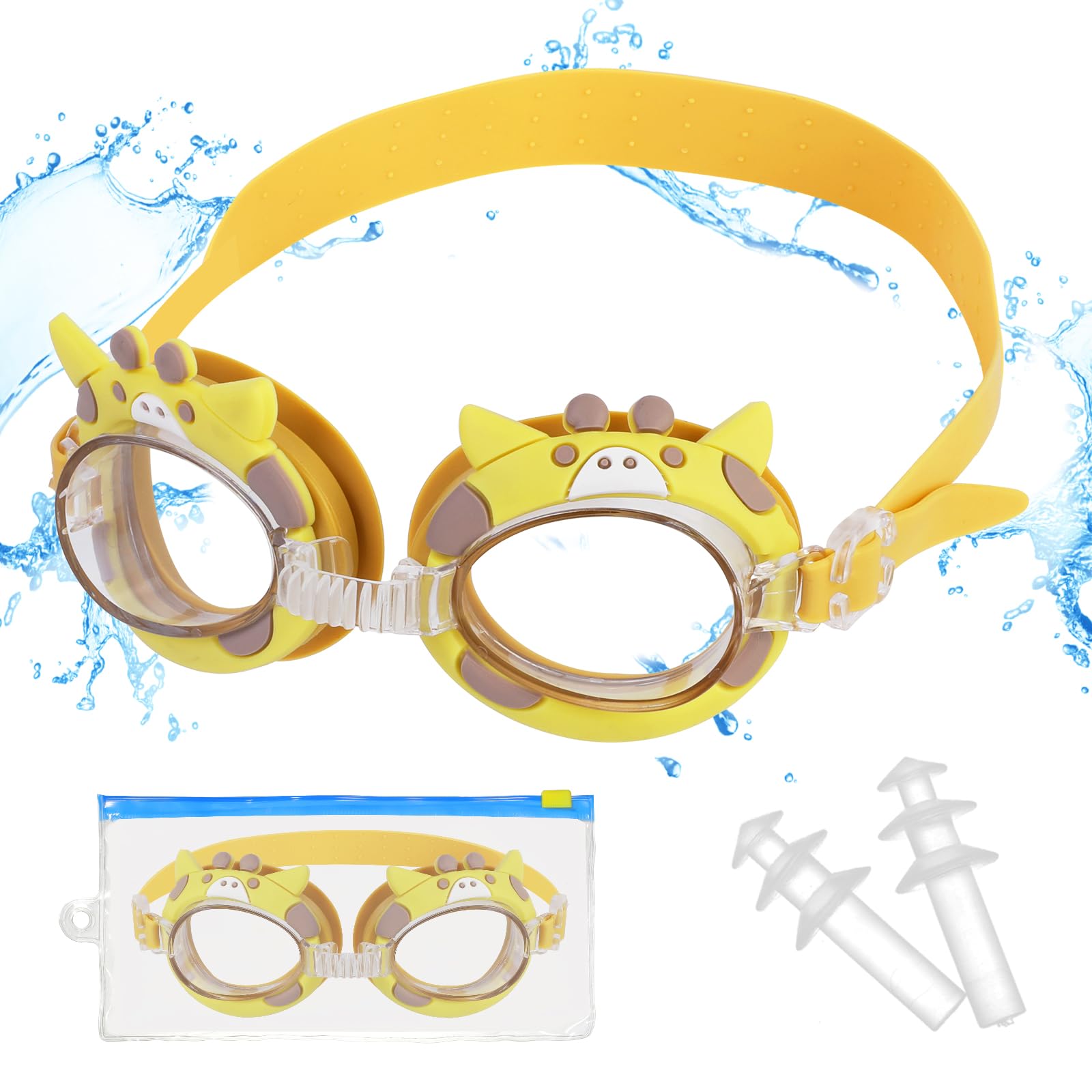 Kids Swim Goggles with Earplugs, Cute Giraffe Swimming Goggles for Toddler Kids Youth(4-14), Anti-Fog Anti-UV Leak-proof Clear Vision Water Pool Goggles, Swim Glasses with Portable Bag for Boys Girls