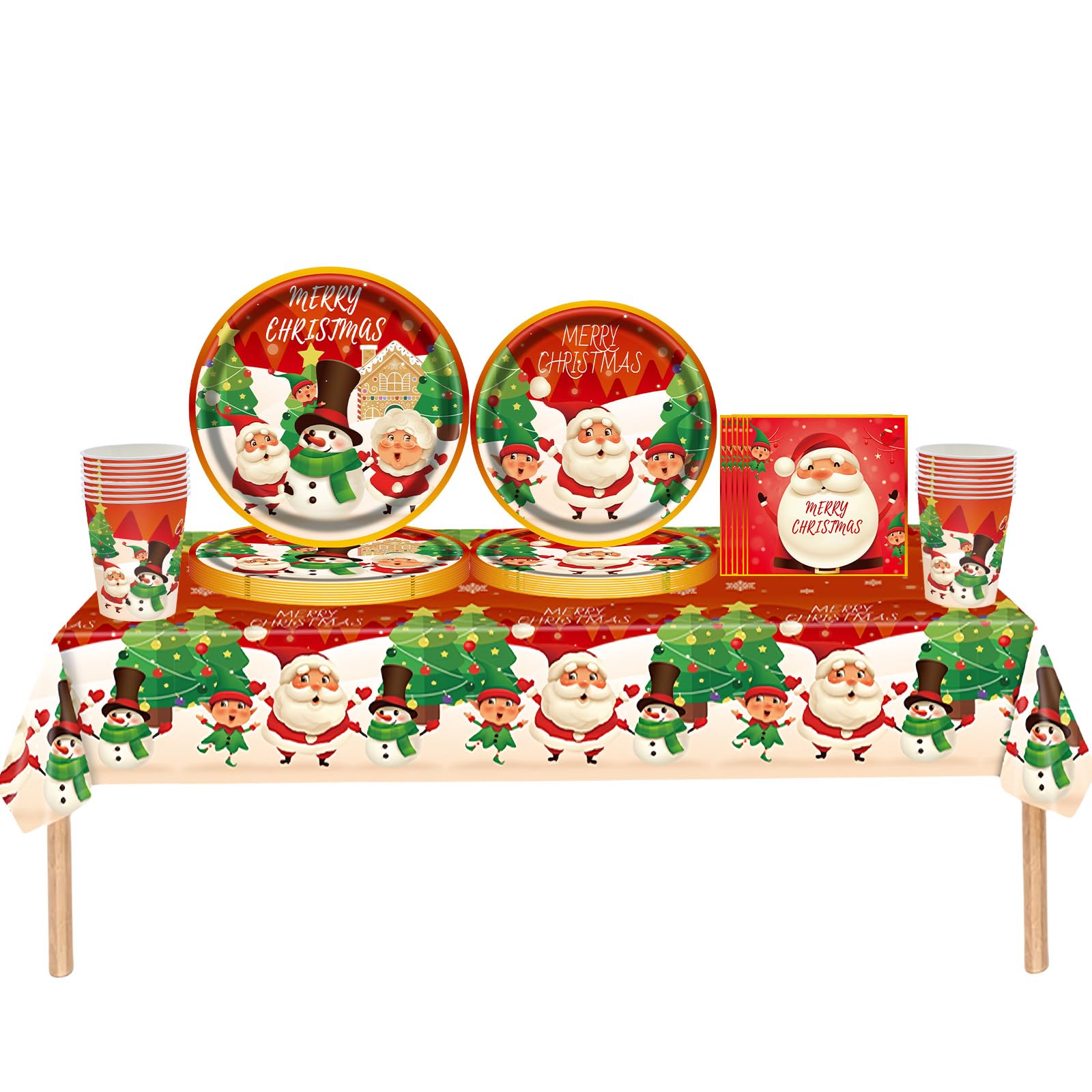69pcs Christmas Paper Party Tableware Set Plastic Table Cloth,Paper Plates Napkins Serviettes and Cups,Merry Christmas Decoration Santa Elf Red Dinnerware Set for Winter Holiday Xmas Party Table Decor