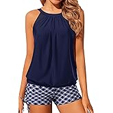 Yonique Tankini Swimsuits with Shorts - Tummy Control Two Piece Blouson Bathing Suits High Neck Swimwear