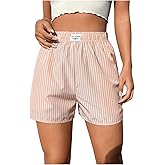 OYOANGLE Women's Summer Casual Striped Print Elastic Waist Mid Rise Straight Leg Shorts
