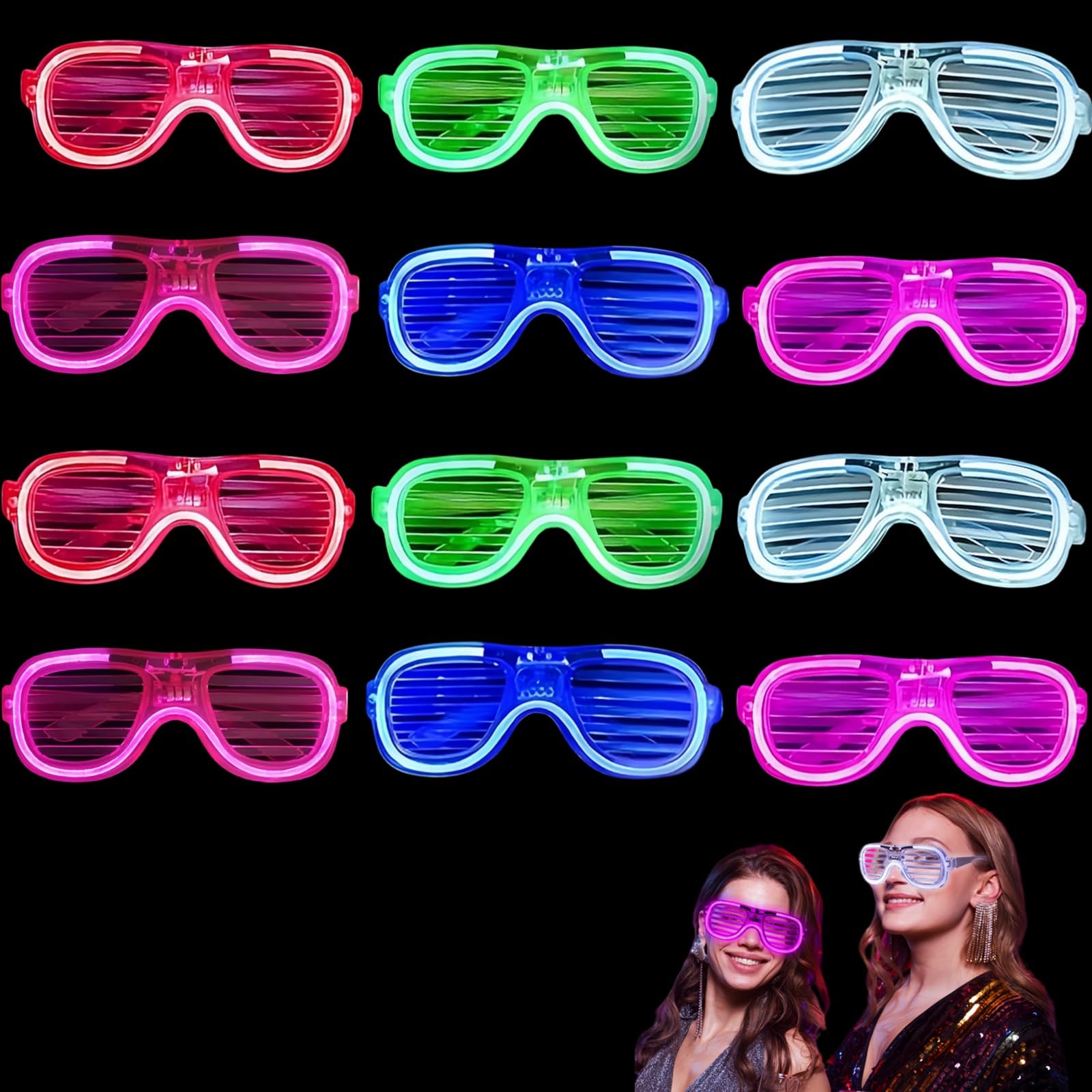 Neon Party Glasses,12Pack LED Light up Glasses Flashing Glow Sunglasses,Luminous Shutter Glasses Rave Glasses for Kids Adults 80s 90s Discos Party Concert Halloween New Years Eve Xmas Party Bag Filles