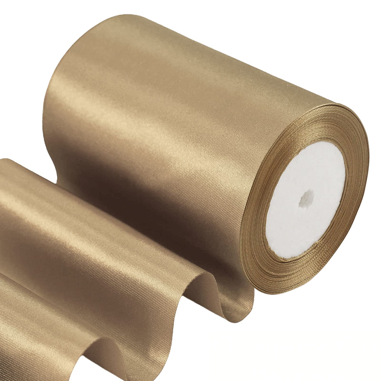 POPOYU 4 Inch Wide Champagne Gold Ribbon 22m,10cm Champagne Gold Satin Ribbon Fabric Large Solid Satin Ribbon,Polyester Ribbon for Gift Wapping,Door,Chair,Window,Wedding Car,Christmas Tree Decoration