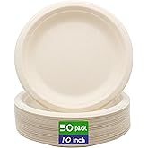 BLUE TOP 100% Compostable Disposable Paper Plates Heavy Duty Waterproof Plates-50 Pack 10 inch Eco-Friendly Plates, Natural Biodegradable Sugarca Bagasse Dinner Plates Unbleached Brown