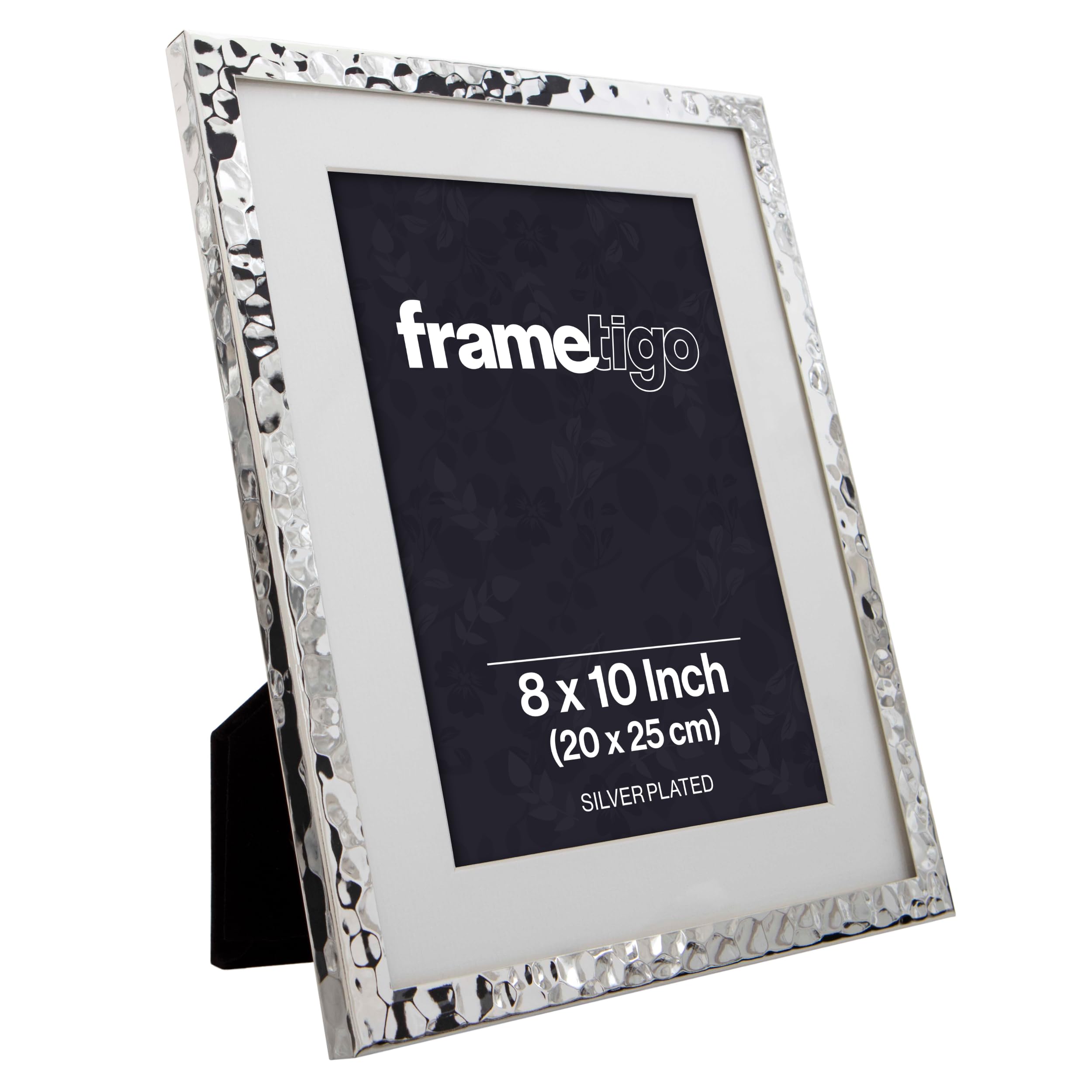 Frametigo - Silver Plated Hammered Mounted Photo Frame, 8"x10" (20x25cm) Photo Size - Velvet Frame Backing & Stand - Real Glass Window - Tarnish Resistant - Landscape or Portrait Orientation