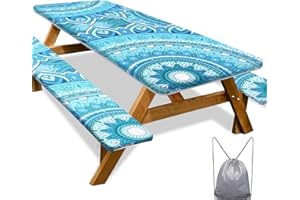 PLAY TAILOR Picnic Table Cover with Bench Covers 8FT 3 Pcs Waterproof Windproof Camping Tablecloth with Drawstring Bag, Fitted Rectangle Tables and Seats, 96in, Teal