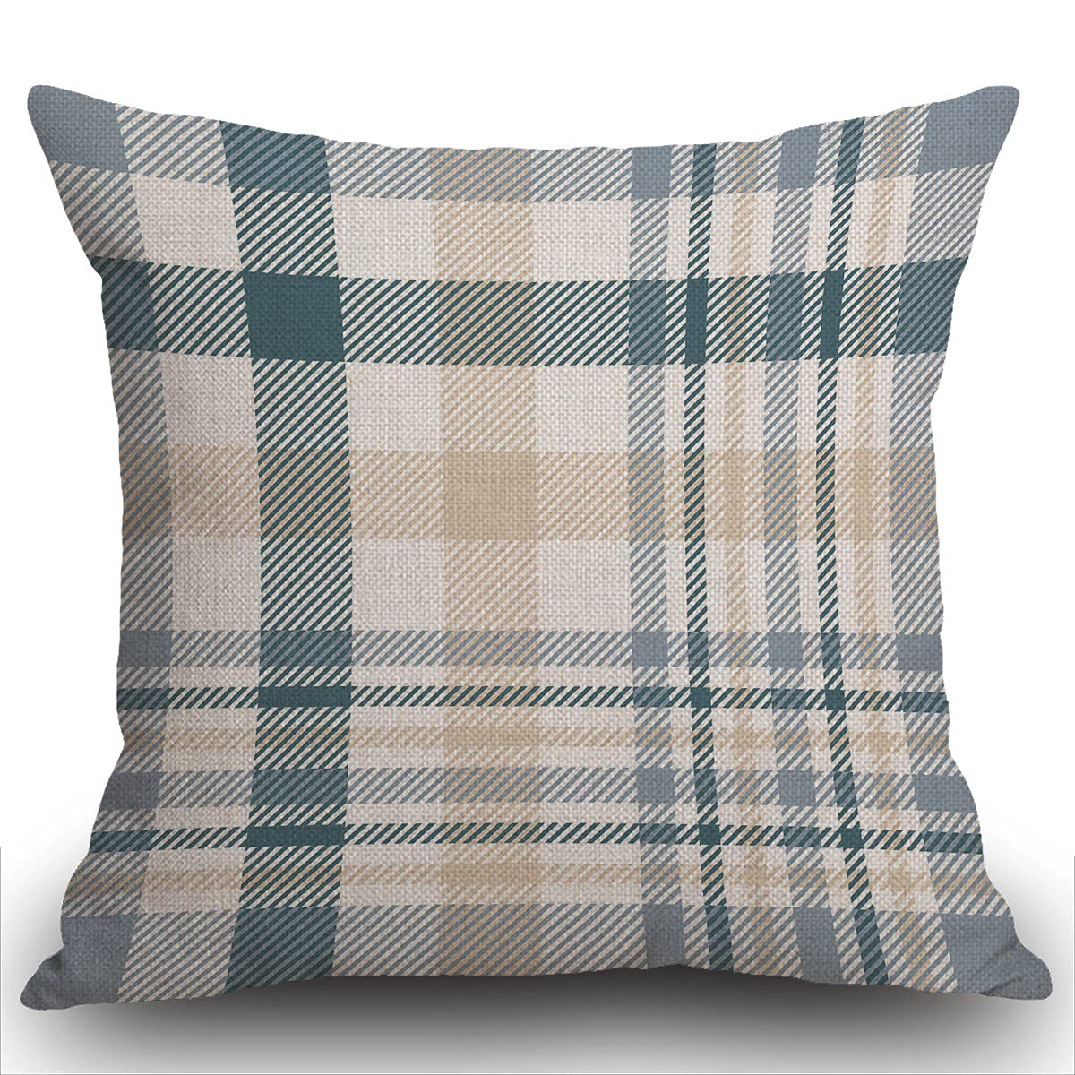 Smooffly Plaid Check Cushion Covers,Tartan Scottish Checker in Beige White Dusty Teal Green and Grayish Blue Decorative Pillow Cases Linen Square Throw Pillow Cover for Home Sofa Couch 18x18 inch