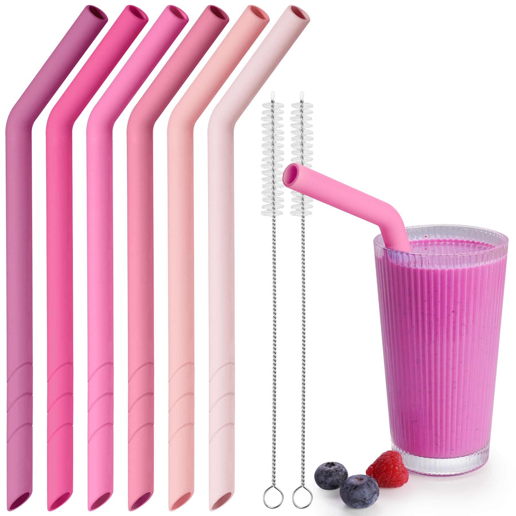 Photo 1 of NiHome 6PCS Extra Wide Reusable Bent Silicone Straws for Boba, Smoothies, Bubble Tea, Eco-Friendly Bent Straws for Thick Drinks, Child-Safe, Customizable Length, 2 Brushes for Cleaning (Pink Gradient)