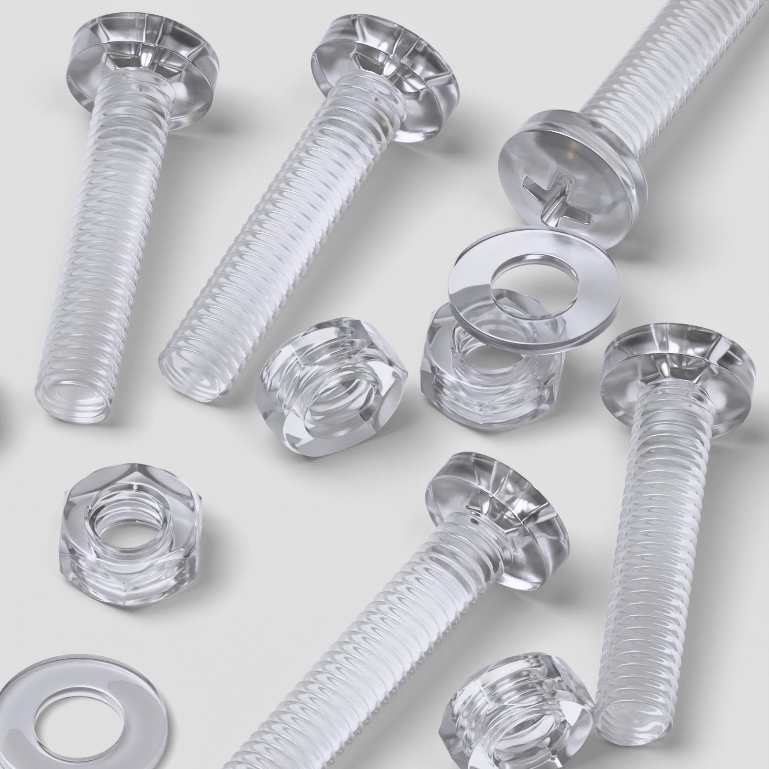 Pack of 20 Transparent Clear Plastic Acrylic M4 x 20mm Nuts & Bolts, Washers - Screws