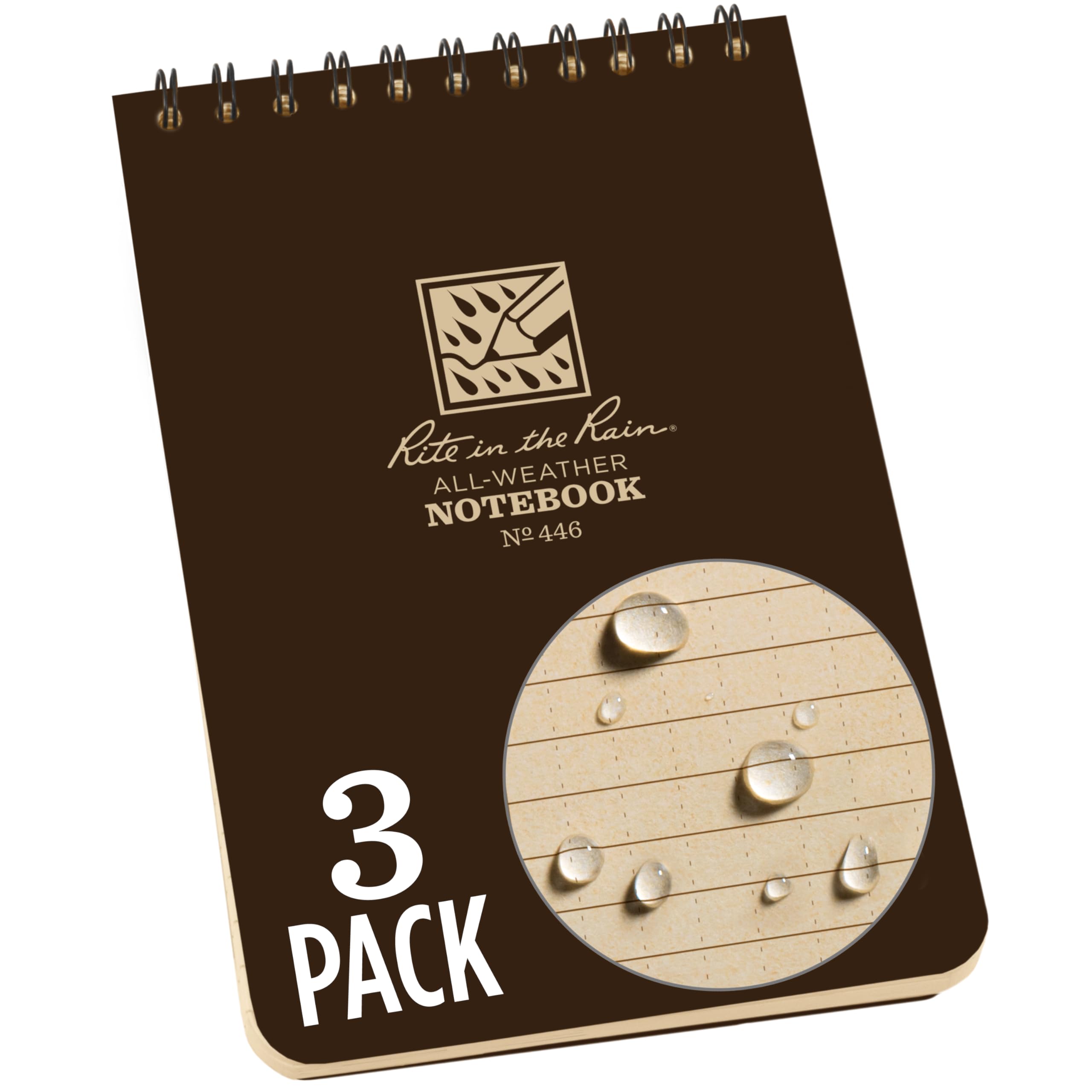 Rite in the Rain Weatherproof Top Spiral Notebook, 4" x 6", Brown Cover, Universal Pattern, 3 Pack (No. 446-3)