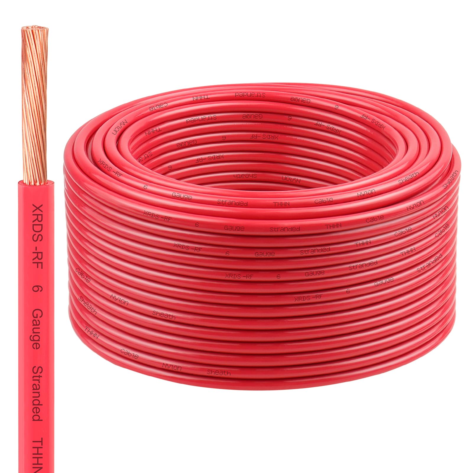 Photo 1 of 6 Gauge THHN Wire, 200FT Red Stranded Copper Electrical Wire, 600V, Heat & Oil Resistant, Nylon Sheath Building Wire for Indoor/Outdoor Use