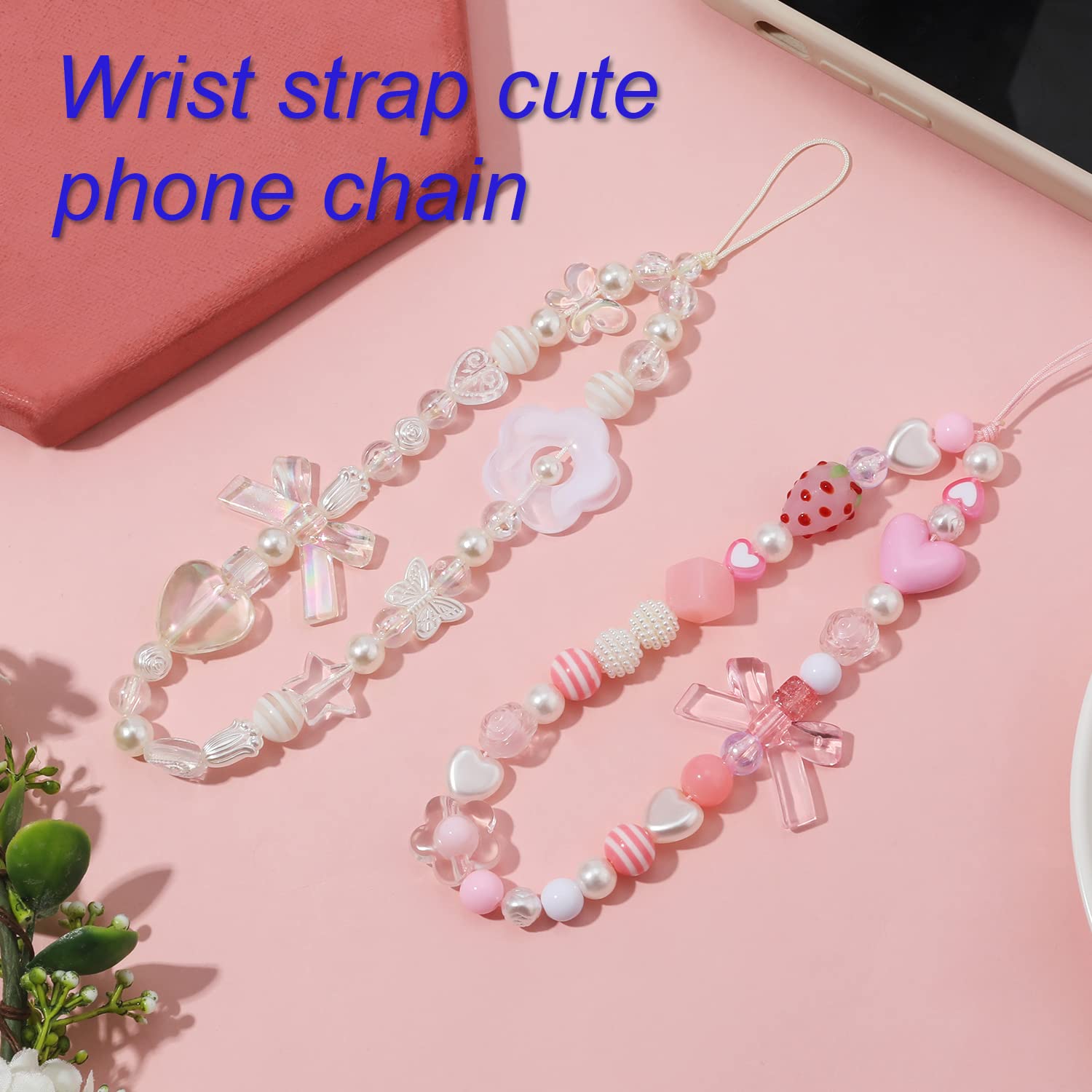 2pcs Cute Beaded Cellphone Straps Charms Butterfly Phone Lanyard Flower Phone Chain Strawberry Wrist Strap for Girls Woman (White and Pink)