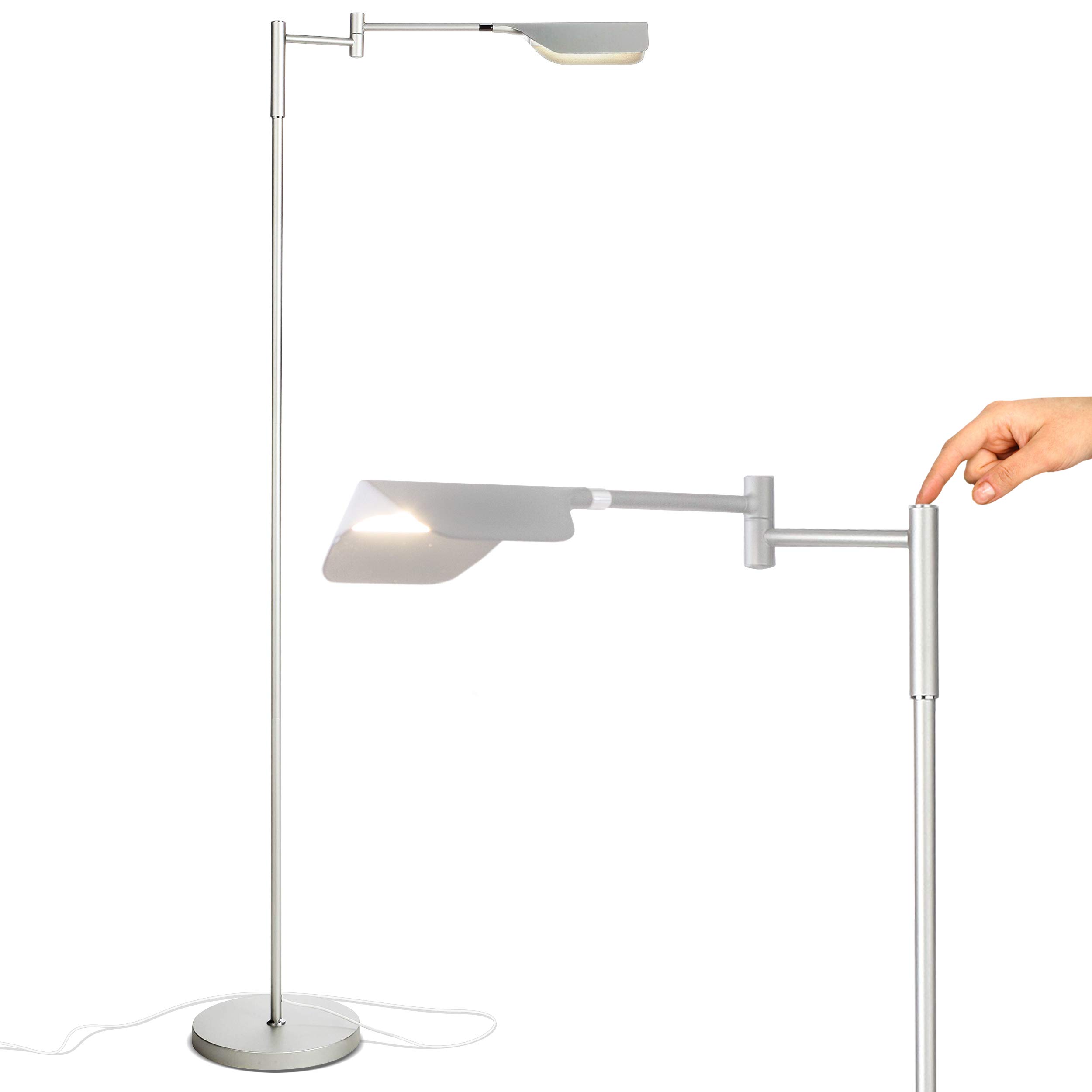 Brightech Leaf Pharmacy LED Reading Lamp, Dimmable Floor Lamp with Easy Rotation over Chair or Desk for Living Rooms & Offices, Adjustable Standing Lamp, Tall Lamp For Sewing & Craft - Platinum Silver