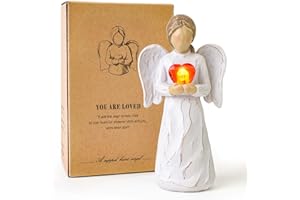 Guardian Angel Figurines with Red Heart Light, Hand-Painted Angel Statue Battery Operated Decor Gifts for Women Mom Birthday 