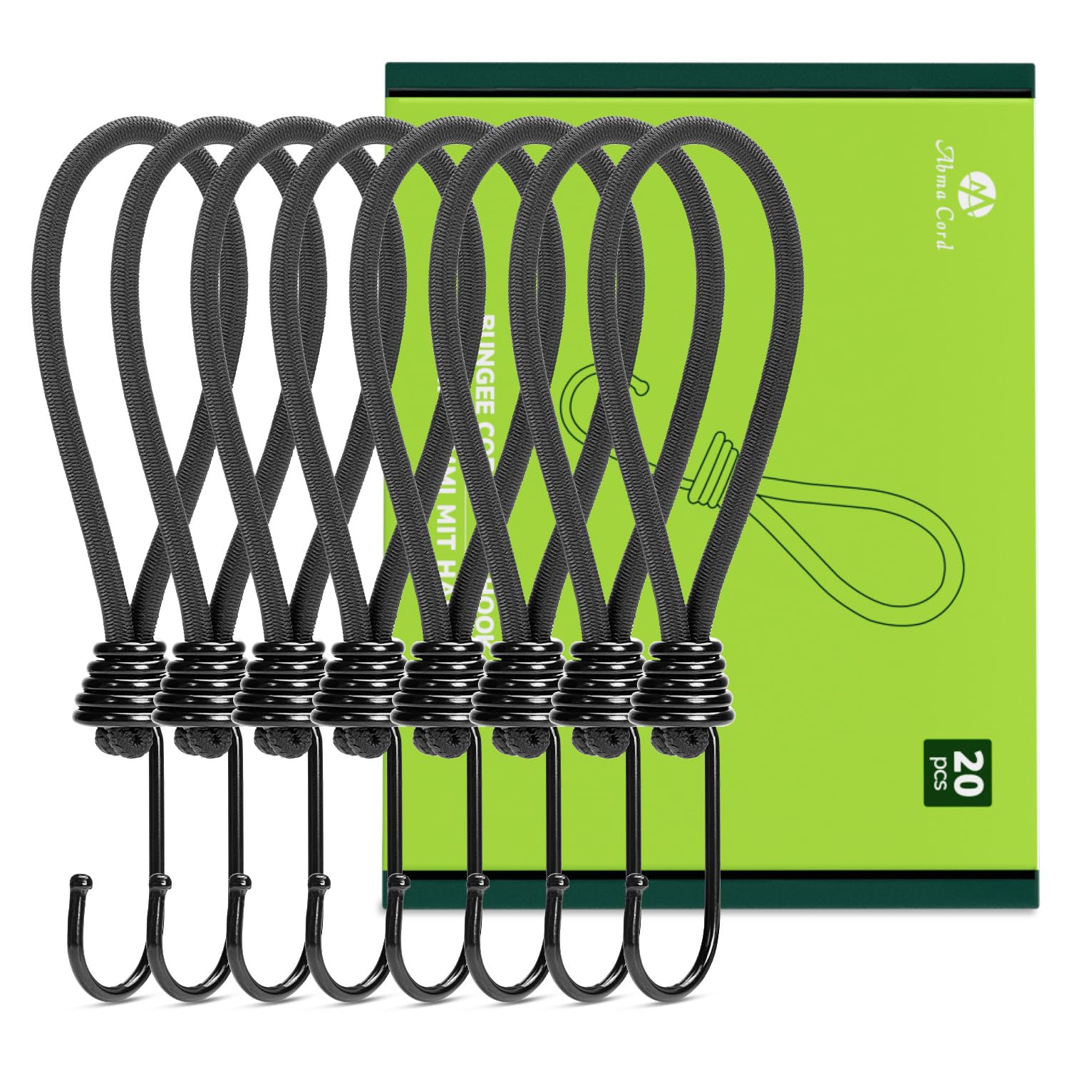 Abma Cord Bungee Cords with Hooks 18cm 20Pcs Small Bungee Ropes with Hooks Elastic Bungee Loops for Tarpaulin, Tent, Camping, Banners, Fixing - Black