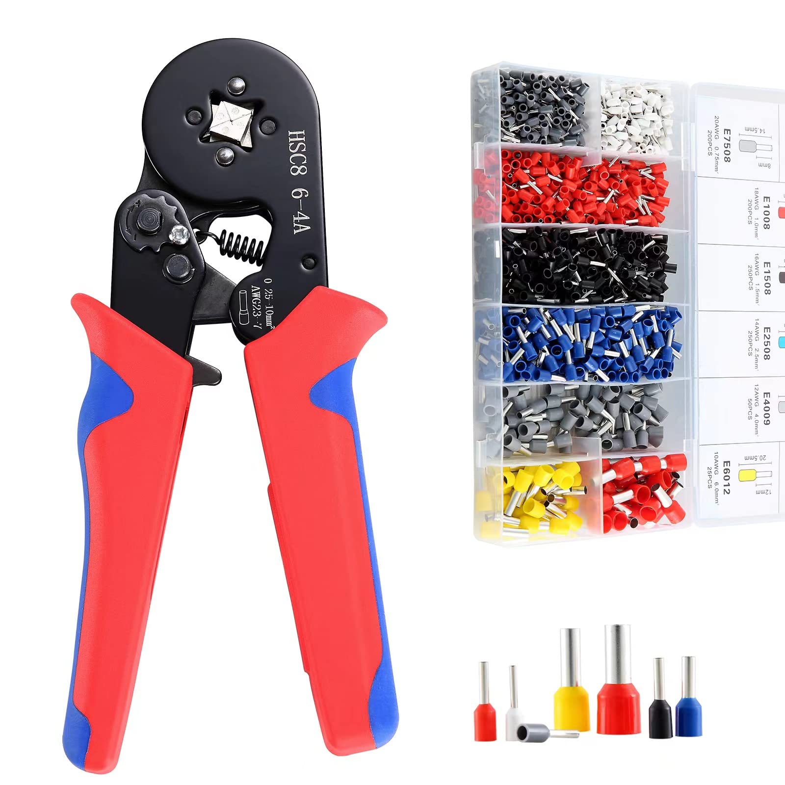 Ferrule Crimping Tool Kit, Hibisaws 0.25-10mm² Self-Adjustable Ratchet Bootlace Crimper Plier Set with 1250 Wire End Ferrule Connectors, Ideal for DIY Electrical Repair and Cable Crimping