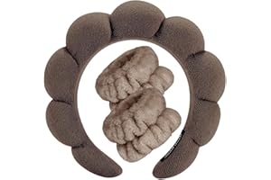 TETIZO Spa Headbands for Washing Face Wristband Set Sponge Makeup Skincare Headband Wrist Towels Bubble Soft Terry Towel Cloth Hairband for Women Puffy Headwear Non Slip Thick Thin Hair Headwear (Brown)