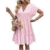 SOLY HUX Women's Summer V Neck Short Smocked Dress Striped Bow Print Ruffle Flowy Vacation Dresses