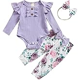 Aimaopao Baby Girls Clothes Ribbed Romper Bodysuit Pants Headband Set Fall Winter Outfits