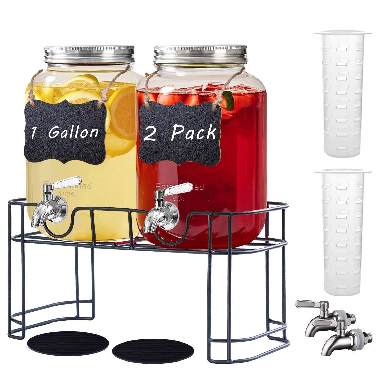 Photo 1 of Einfache 1 Gallon Drink Dispenser with Stand,2 Pack Beverage Dispenser with Stand & Stainless Steel Spigot,Glass Water Lemonade Dispensers for Juice,Parties