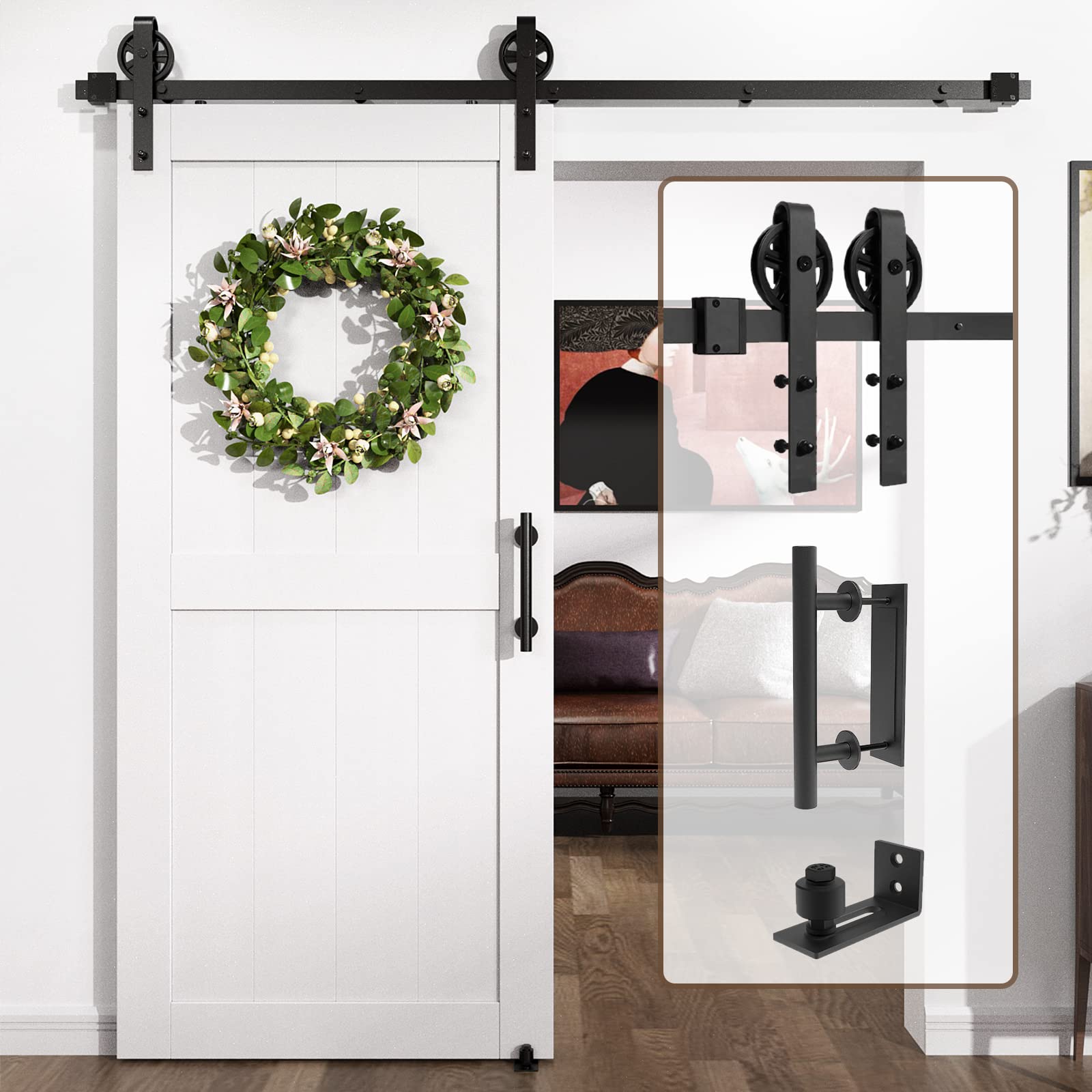 Photo 1 of *** UNKNOWN MISSING PARTS OR HARDWARE***6.6FT Heavy Duty Sturdy Sliding Barn Door Hardware Kit-Smoothly and Quietly-Smoothly and Quietly- Easy to Install with Floor Guide and Handle - Fit 1 3/8-1 3/4" Thickness – Black (J Shape Hanger)