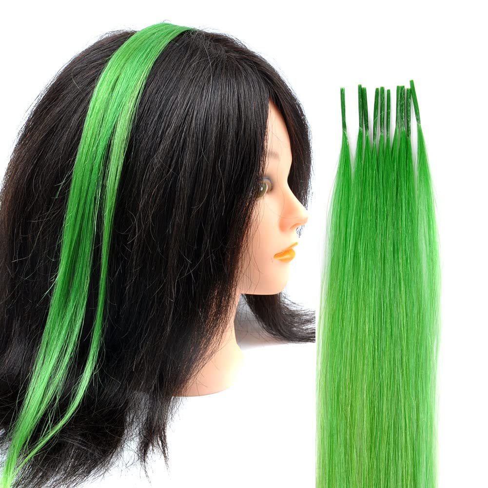 Photo 1 of 10 Strands/lot Colored I Tip Human Hair Extension For Women Girls Gift Cosplay Dress Up Party Feather Hair Extensions With Micro Beads And Pulling Needle And Pliers (20INCH, Apple Green)