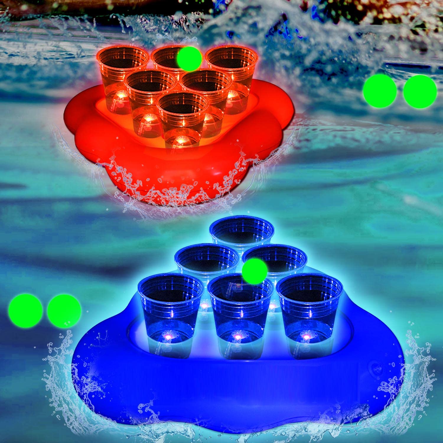 Photo 1 of mishunyus 20 Pcs Glow Pool Pong Games,Light Up Floating Pool Games,Pool Party Games for Daytime/Nighttime,2 Inflatable Pong Rack(Red & Blue),12 Glow Cups, 6 Glowing Balls