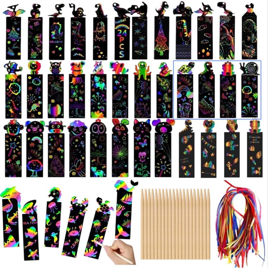 BZUEPRS 100 Pcs Scratch Art Bookmarks, Magic Rainbow Bookmarks, Party Bag Fillers with Wooden Pen and Ribbon for Girls Boys Classroom Birthday Gifts and Party