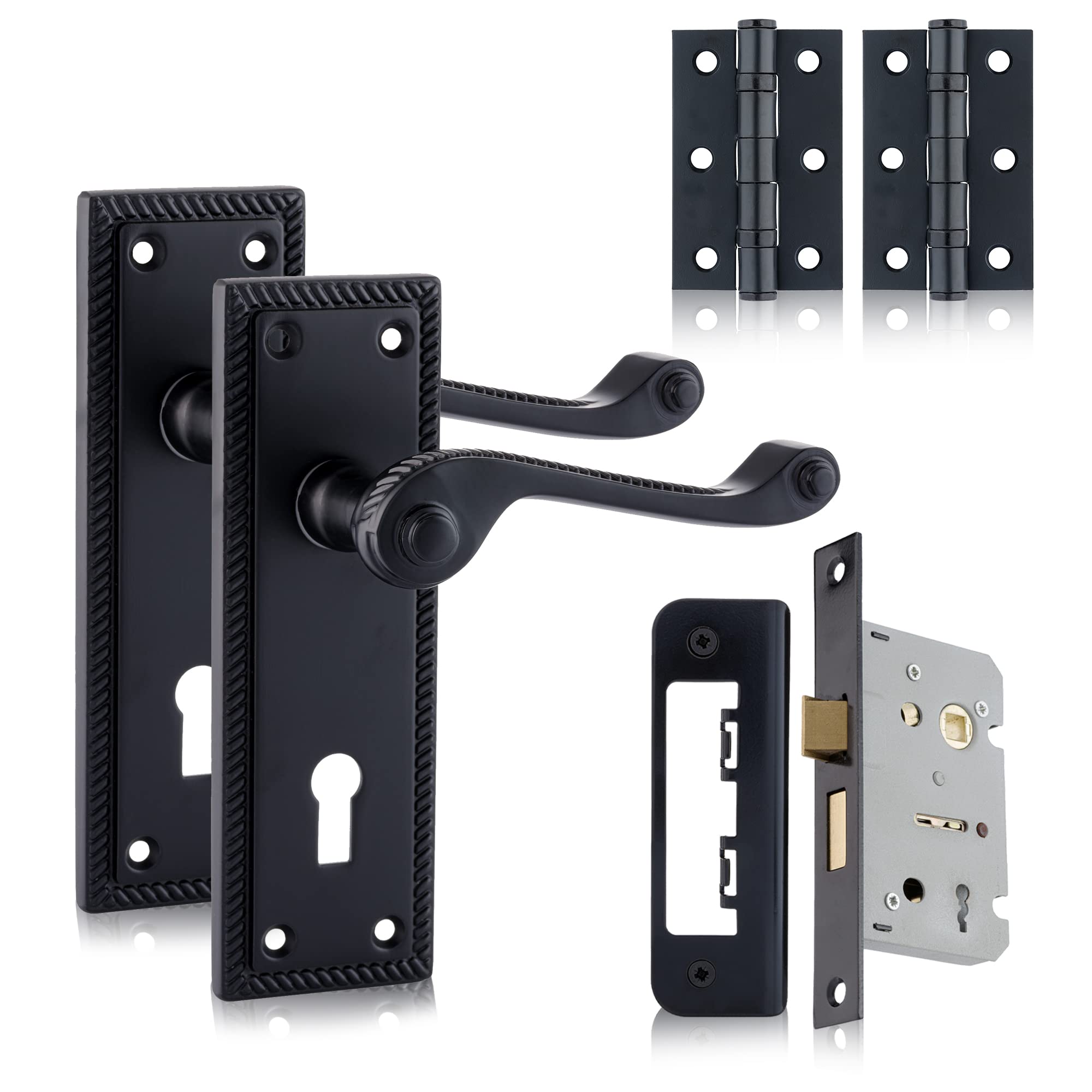 XFORT Black Beauty Range Matt Black Hanoverian Lever Lock Pack, Georgian Style Complete Set with Lock Door Handles, 65mm Sashlock and 75mm Ball Bearing Hinges, for Internal Wooden Doors