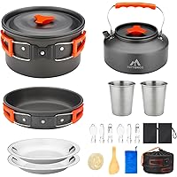 THTYBROS 17pcs Camping Cookware Kit, 0.45Gal Pot, 7inches Pan,0.30Gal Kettle Set with 2 Set Stainless Steel Cups Plates Forks