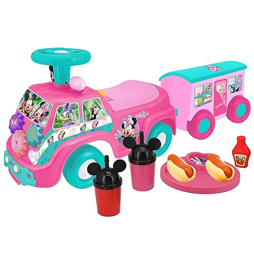 Kiddieland Minnie Mouse Lights N' Sounds Camper & Trailer - Interactive Foot-to-Floor Ride-On for Toddlers 12-36 Months with Accessories