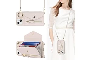 Lipvina for iPhone 14 Case Wallet with Strap for Women - Crossbody Lanyard,Zipper Pocket,Credit Card Holder,Ring Stand - Phone Wallet Case for iPhone 14 (6.1 inch,Beige)