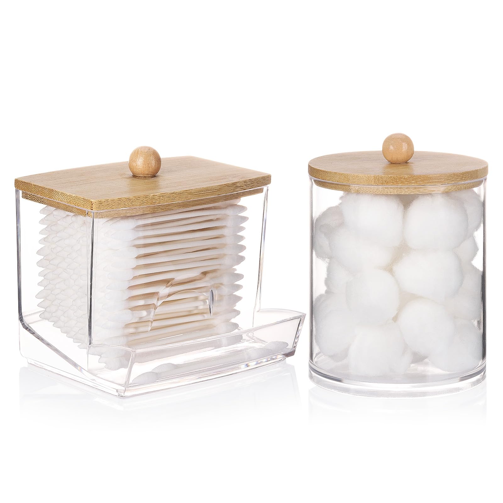 Photo 1 of Tbestmax Qtips Dispenser, 10/12 oz Big Cotton Ball Holder Bathroom Container - Plastic Apothecary Jar Organizer for Storage Swabs, Rounds, Floss Picks - Bamboo Lids