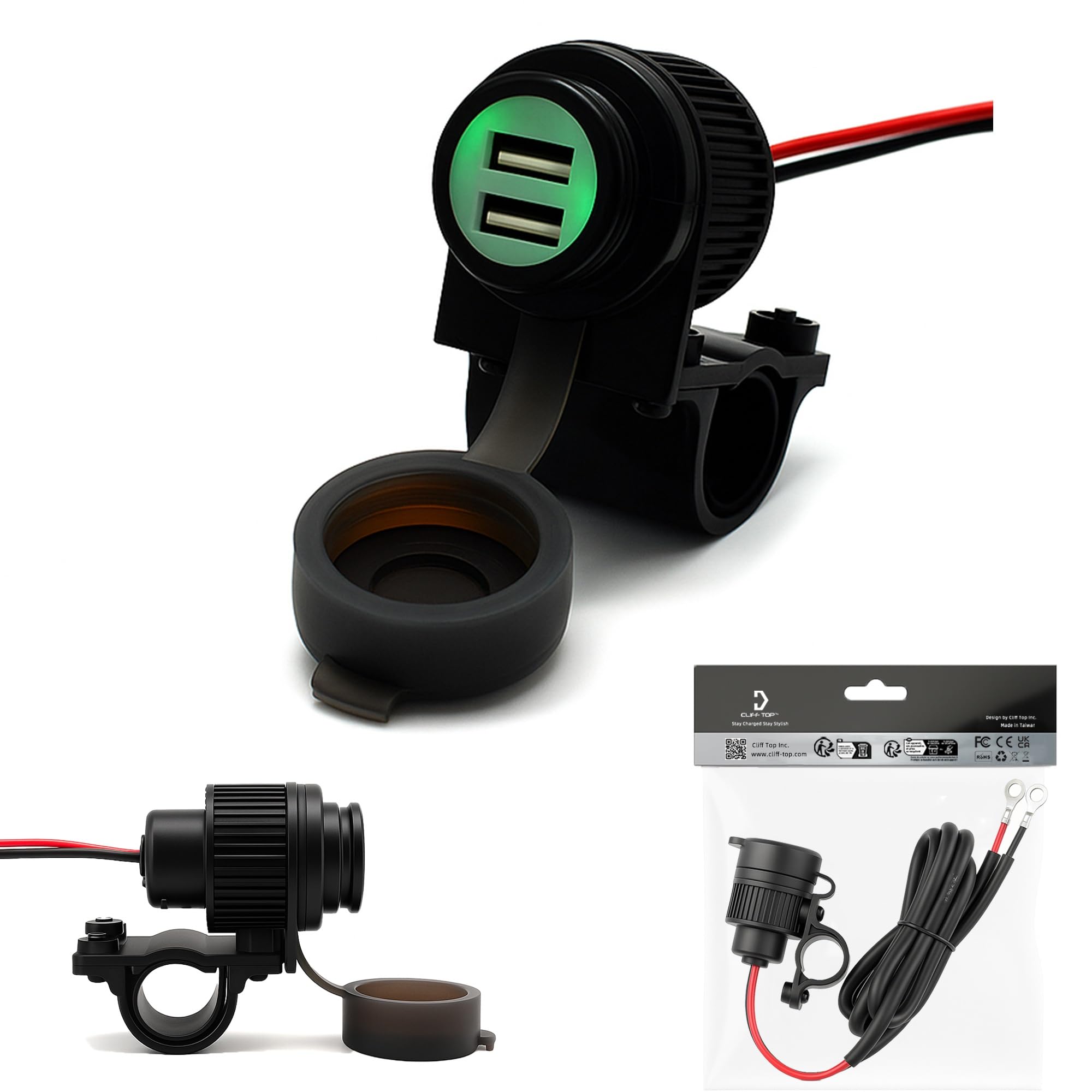 Cliff Top Heavy Duty Waterproof Motorcycle USB 5V 4 Amp Magnetic Switch Dual USB Charging Port for 7/8-1" Handlebar ATV UTV Smart Phone GPS Tablet Camera - Prevent Battery Drain