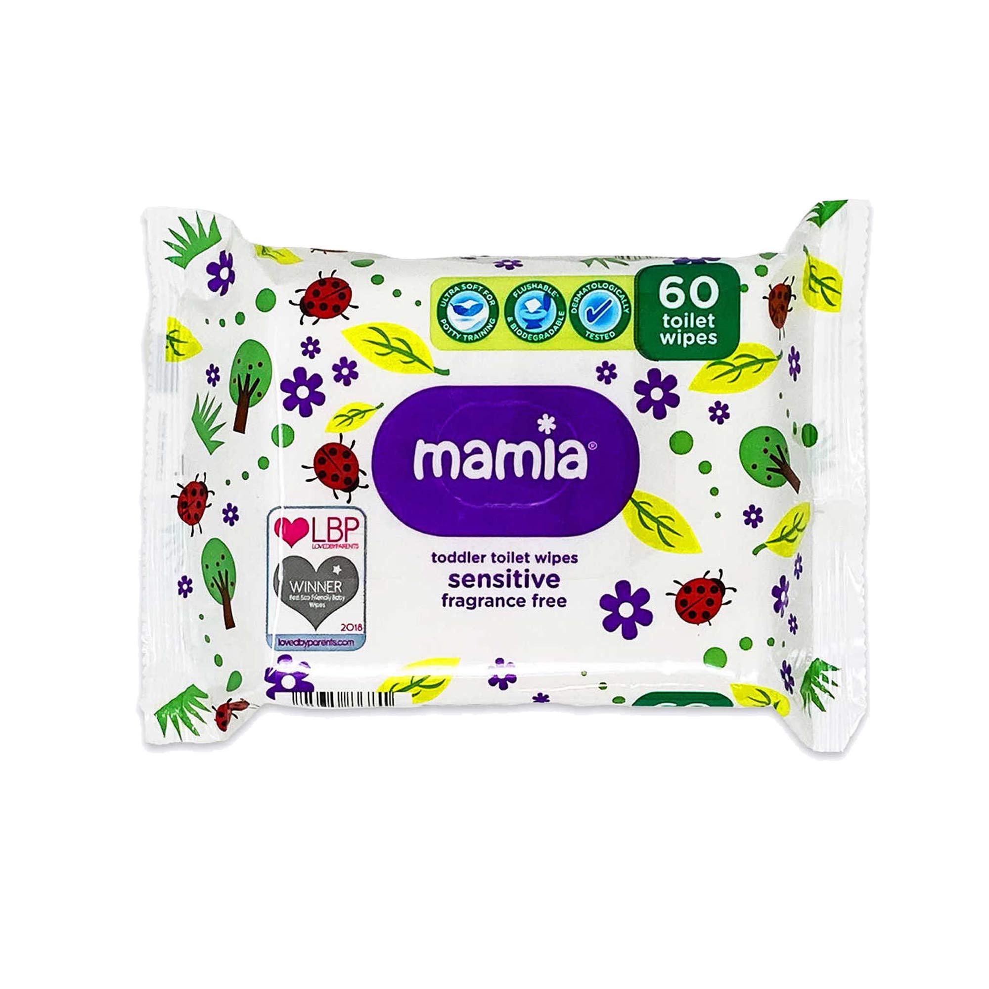Mamia Toddler Toilet Wipes, Sensitive, Fragrance Free, Flush-able 3 Pack