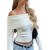 Bosloga Off The Shoulder Sweater for Women Y2K Long Sleeve Ribbed Knit Fitted Pullover Fall Winter Date Tops Blouse