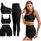 Floraltop 4 Pcs Women's Workout Sets Pilates Exercise Outfit Ribbed Scoop Neck Sports Bra Shorts Leggings Gym Clothes Set