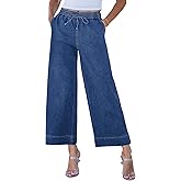 luvamia Wide Leg Jeans for Women High Waisted Cropped Pull On Jeans Elastic Wasit Drawstring Stretch Denim Trouser Pants
